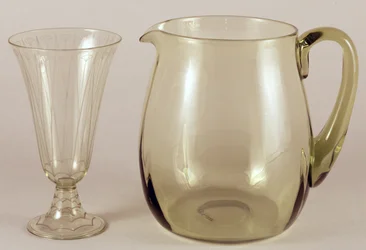 Acid etched vase by James Powell and Sons, 1913 and jug designed by James Hogan for James Powell and Sons, 1935
